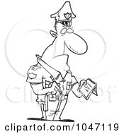 Royalty Free RF Clip Art Illustration Of A Cartoon Black And White Outline Design Of A Tough Cop Writing A Ticket