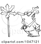 Poster, Art Print Of Cartoon Black And White Outline Design Of A Confused Man Viewing An Arrow Sign