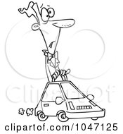 Poster, Art Print Of Cartoon Black And White Outline Design Of A Man Driving A Compact Car