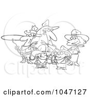 Poster, Art Print Of Cartoon Black And White Outline Design Of A Western Cowboy Family
