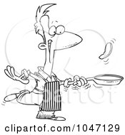 Royalty Free RF Clip Art Illustration Of A Cartoon Black And White Outline Design Of A Man Flipping Pancakes by toonaday