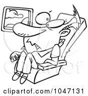Poster, Art Print Of Cartoon Black And White Outline Design Of A Confined Man On An Airplane