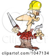 Poster, Art Print Of Cartoon Construction Guy Holding A Hammer And Saw