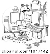 Royalty Free RF Clip Art Illustration Of A Cartoon Black And White Outline Design Of A Computer Geek With A Messy Office