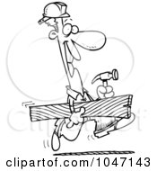 Royalty Free RF Clip Art Illustration Of A Cartoon Black And White Outline Design Of A Construction Guy Carrying A Board by toonaday