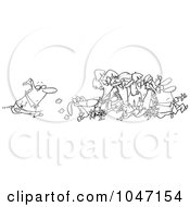 Poster, Art Print Of Cartoon Black And White Outline Design Of A Man Following A Crowd