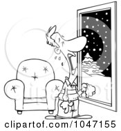 Royalty Free RF Clip Art Illustration Of A Cartoon Black And White Outline Design Of A Man Crying At A Snowy Window