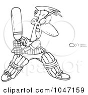 Royalty Free RF Clip Art Illustration Of A Cartoon Black And White Outline Design Of A Man Playing Cricket by toonaday