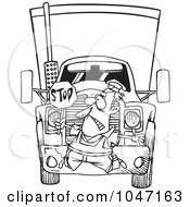 Royalty Free RF Clip Art Illustration Of A Cartoon Black And White Outline Design Of A Big Rig Hitting A Crossing Guard by toonaday