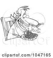 Poster, Art Print Of Cartoon Black And White Outline Design Of A Man Eating Spaghetti At A Table