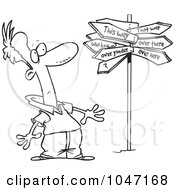 Royalty Free RF Clip Art Illustration Of A Cartoon Black And White Outline Design Of A Man At A Crossroads With A Crazy Sign by toonaday