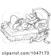 Royalty Free RF Clip Art Illustration Of A Cartoon Black And White Outline Design Of A Boy And Father Kicking A Mother Out Of Their Bed