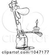 Royalty Free RF Clip Art Illustration Of A Cartoon Black And White Outline Design Of A Man Holding A Birthday Cupcake by toonaday