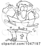 Royalty Free RF Clip Art Illustration Of A Cartoon Black And White Outline Design Of A Man Jumping On Packing Peanuts In A Box
