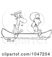 Poster, Art Print Of Cartoon Black And White Outline Design Of A Woman Scooping Water Out Of A Boat As Her Boyfriend Rows