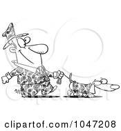 Cartoon Black And White Outline Design Of A Man Dressed In Paisley Walking His Wiener Dog