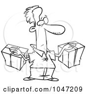Royalty Free RF Clip Art Illustration Of A Cartoon Black And White Outline Design Of A Man Stuck To His Packages