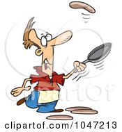 Cartoon Man Learning To Flip Pancakes