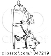 Royalty Free RF Clip Art Illustration Of A Cartoon Black And White Outline Design Of A Bucket Of Water Spilling On A Man