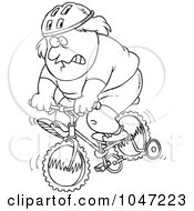Poster, Art Print Of Cartoon Black And White Outline Design Of A Chubby Man Riding A Bike With Training Wheels