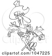 Royalty Free RF Clip Art Illustration Of A Cartoon Black And White Outline Design Of A Cowboy On A Stick Pony