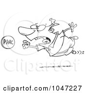 Poster, Art Print Of Cartoon Black And White Outline Design Of A Man Rushing To Push A Panic Button