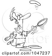 Poster, Art Print Of Cartoon Black And White Outline Design Of A Man Learning To Flip Pancakes
