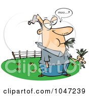 Royalty Free RF Clip Art Illustration Of A Cartoon Man Eating Hay And Mooing In A Pasture by toonaday