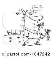 Royalty Free RF Clip Art Illustration Of A Cartoon Black And White Outline Design Of A Man Eating Hay And Mooing In A Pasture