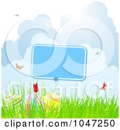 Poster, Art Print Of Butterflies Over Easter Eggs And A Blank Sign In Grass