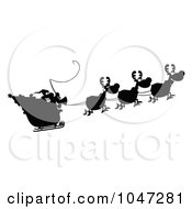 Royalty Free RF Clip Art Illustration Of A Black Silhouetted Santa In Flight With His Reindeer And Sleigh