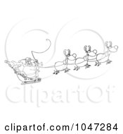 Royalty Free RF Clip Art Illustration Of An Outline Of Santa In Flight With His Reindeer And Sleigh