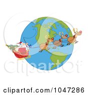 Royalty Free RF Clip Art Illustration Of Santa In Flight With His Reindeer And Sleigh Over A Globe