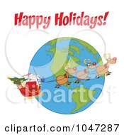 Poster, Art Print Of Santa In Flight With His Reindeer And Sleigh Under Happy Holidays