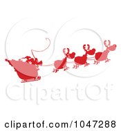 Poster, Art Print Of A Red Silhouetted Santa In Flight With His Reindeer And Sleigh