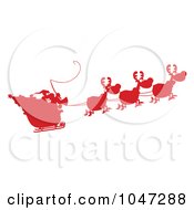 Royalty Free RF Clip Art Illustration Of A Red Silhouetted Santa In Flight With His Reindeer And Sleigh
