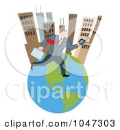 Royalty Free RF Clip Art Illustration Of A Businessman Running On An Urban Globe With A Briefcase And Tablet 1