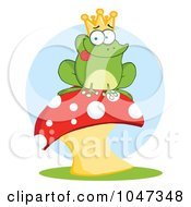 Poster, Art Print Of Frog Prince Sitting On A Mushroom Over Blue