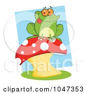 Poster, Art Print Of Frog Sitting On A Mushroom Over Blue