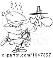 Royalty Free RF Clip Art Illustration Of A Cartoon Black And White Outline Design Of A Pilgrim Carrying A Hot Turkey by toonaday