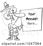 Poster, Art Print Of Cartoon Black And White Outline Design Of A Pilgrim Holding A Blank Sign