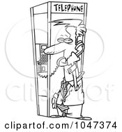 Cartoon Black And White Outline Design Of A Businessman In A Phone Booth
