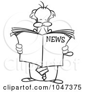 Poster, Art Print Of Cartoon Black And White Outline Design Of A Standing Businessman Reading The News