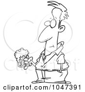 Poster, Art Print Of Cartoon Black And White Outline Design Of A Pensive Man Holding A Beer