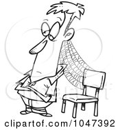 Poster, Art Print Of Cartoon Black And White Outline Design Of A Patient Man With Cobwebs By A Chair