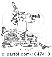 Royalty Free RF Clip Art Illustration Of A Cartoon Black And White Outline Design Of A Pigeons On A Man Reading The Newspaper