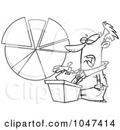 Poster, Art Print Of Cartoon Black And White Outline Design Of A Businessman Discussing A Pie Chart