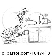 Poster, Art Print Of Cartoon Black And White Outline Design Of A Man Patiently Waiting For A Coffee Maker