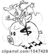 Royalty Free RF Clip Art Illustration Of A Cartoon Black And White Outline Design Of A Businessman Riding A Piggy Bank by toonaday