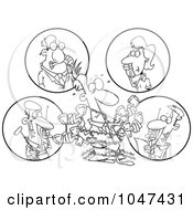 Poster, Art Print Of Cartoon Black And White Outline Design Of A Tangled Man Holding Multiple Phone Conversations